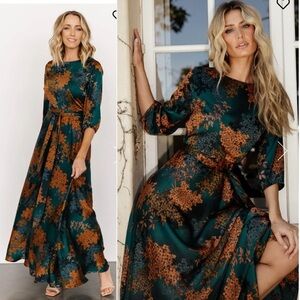 NWOT Baltic Born Paula Floral Satin Maxi Dress Extra Large Jade Rust Multi Chic